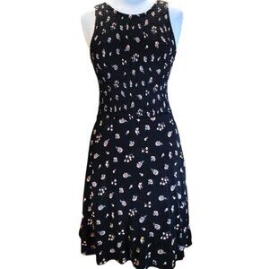 Loft MSRP $105 Black Floral Sleeveless A-Line Fit Flare Dress Smock Waist Small